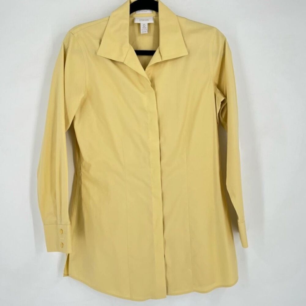 Chico's‎ Women's No-Iron Long Sleeve Tunic Button Down Shirt Yellow Size Small